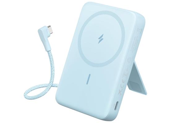 Anker Zolo Magnetic Power Bank, 10,000mAh Wireless Portable Charger with 30W Max Fast Charging, Battery Pack with Built-in USB-C Cable and Adjustable Stand, for iPhone 16/15 Series, AirPods - Blue